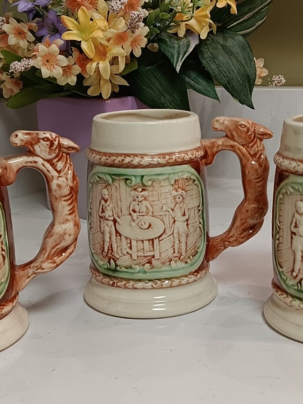 3 Vintage Beer Steins - Cowboys Around Table - Horse Handle - Occupied Japan